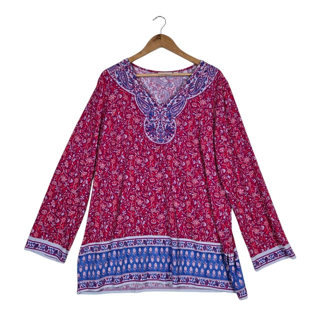 Belle by Kim Gravel Top sz L Pink Purple Blue Mixed Floral Print Long Sleeve